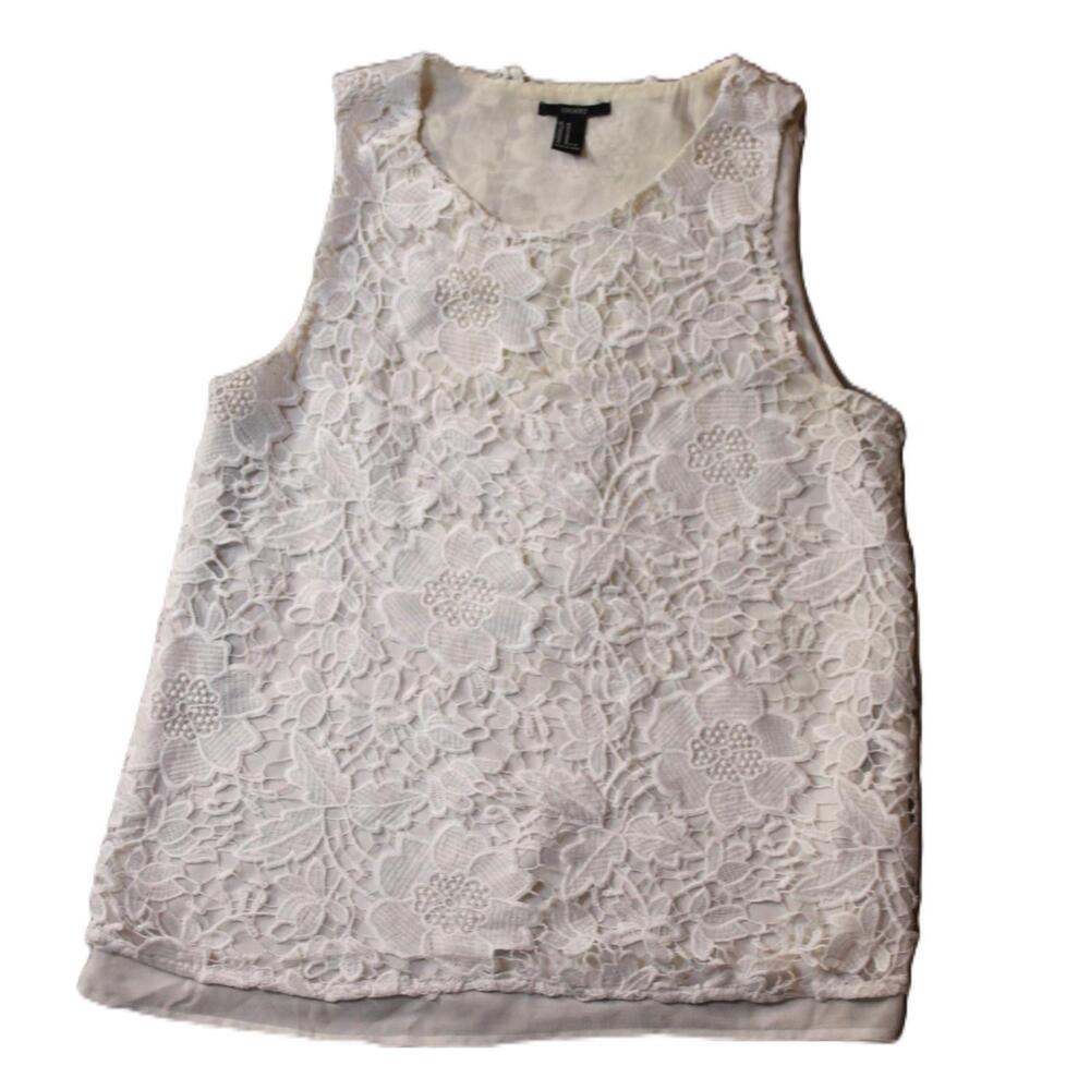 FOREVER 21 Blouse Womens M White Lace Floral Embroidered Lined Sheer Pullover